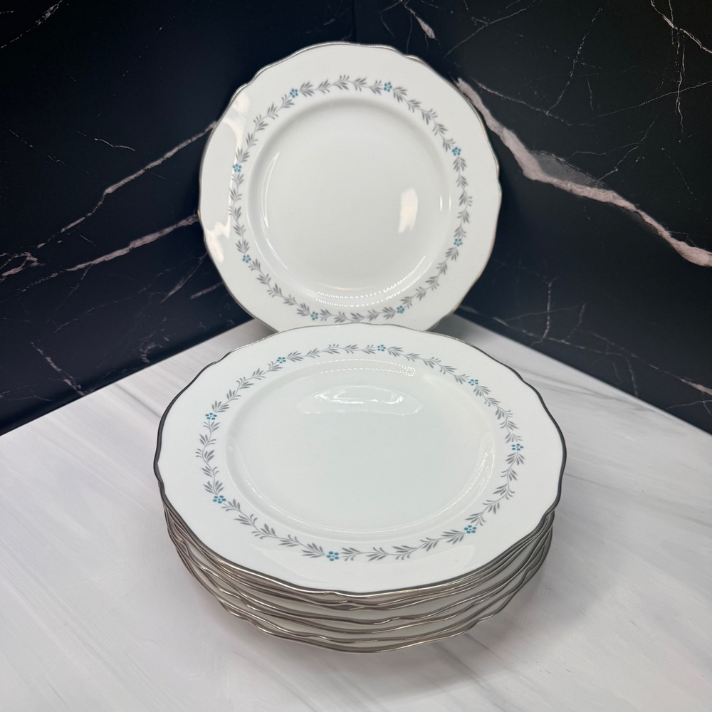 Spode Lyric Salad Plates Set of 8 Bone China England Y7690 Silver Trim Blue